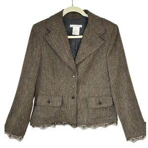 VTG Brown Tweed Blazer Plaza South Lace Trim Jeweled Buttons Shoulder Pads SZ 10